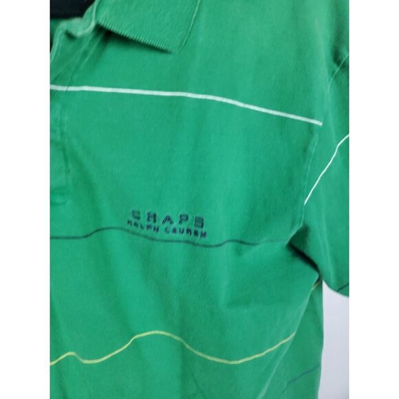 Vintage 90s Ralph Lauren Chaps Green Striped Mens Large Collar Button Polo Shirt - Picture 3 of 6